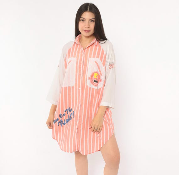 90s Esleep Striped Sleep Shirt Pink White Nightshirt Baseball Raglan Sleeve Graphic Logo Cotton Pajama Dress Small Medium Large