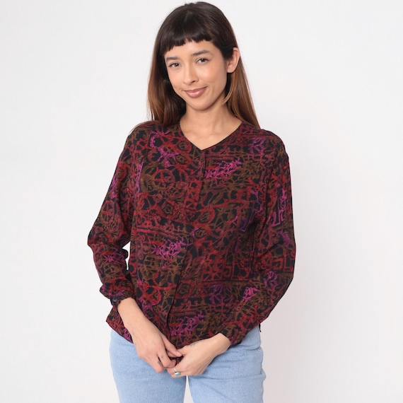90s Abstract Blouse V Neck Button Front Burgundy Purple Brown Tribal Print Pattern Vintage Professional Office Work Shirt Top Small S