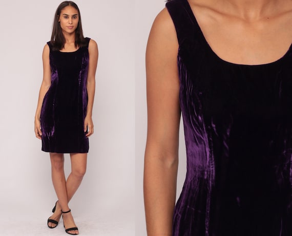 Velvet Mini Dress 90s PURPLE Bodycon Sheath LOW BACK 1990s Party Body Con Grunge Vintage 80s Sleeveless Cocktail Scoop Small