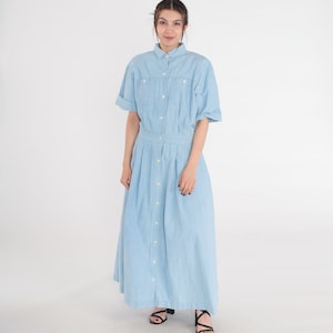 Denim Maxi Dress 80s Blue Jean Button up Day Dress Retro Short Sleeve High Waisted Collared Chest Pocket Vintage 1980s Extra Large xl 16