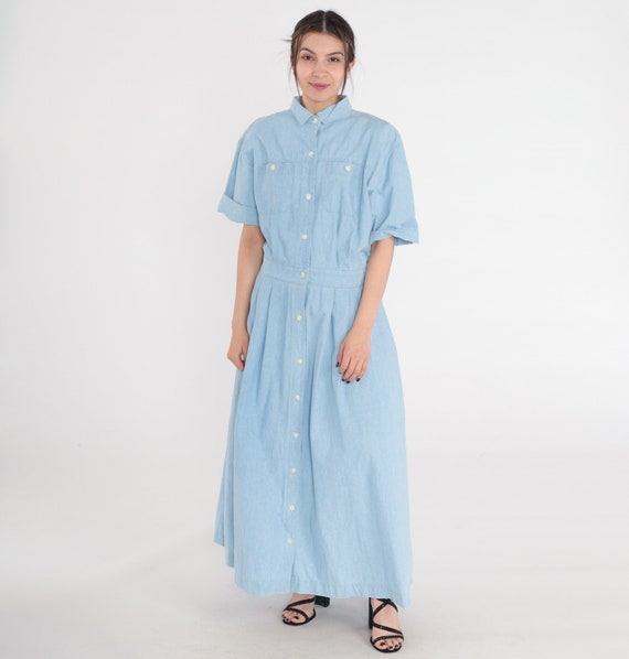 Denim Maxi Dress 80s Blue Jean Button up Day Dress Retro Short Sleeve High Waisted Collared Chest Pocket Vintage 1980s Extra Large xl 16