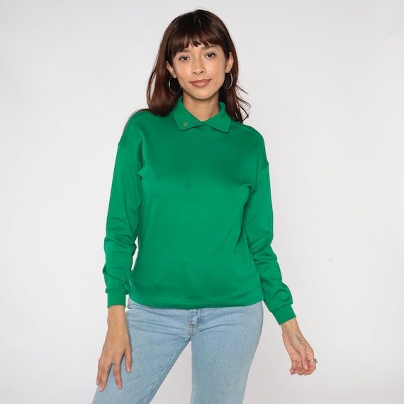 Green Polo Shirt 80s Benetton Collared Top Long Sleeve T-Shirt Plain Preppy Retro Tee Basic Casual Blouse Vintage O12 1980s Small S