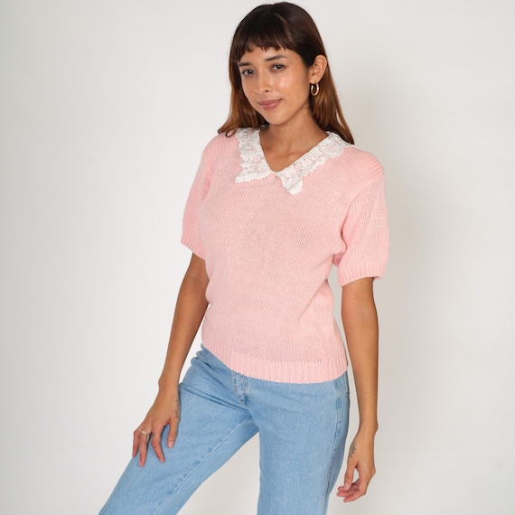 Baby Pink Sweater Top 90s Lace Granny Collar Blouse Pastel Knit Shirt Short Sleeve Girly Retro Boho Spring Cotton Ramie Vintage 1990s Small