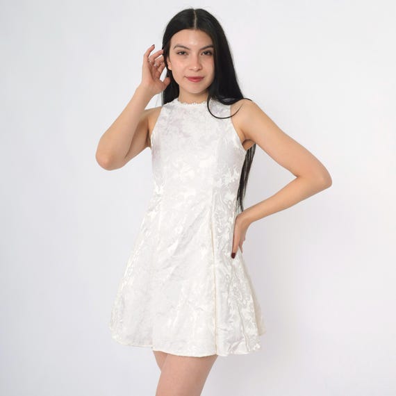 Vintage White Brocade Party Dress Jessica McClintock Girls Floral Mini 90s Skater Formal Dress Sleeveless Evening Dress 2xs xxs