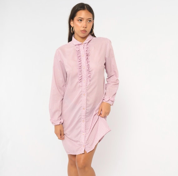 60s Gingham Shirt Dress Purple White Check Ruffle Bib Peter Pan Collar Long Sleeve Cotton Cottagecore Spring Easter Vintage Medium M