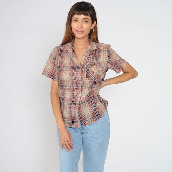 Plaid Blouse 80s Button Up Shirt Short Sleeve Collared Top Checkered Preppy Casual Summer Red Blue Tan Chest Pocket Vintage 1980s Medium M