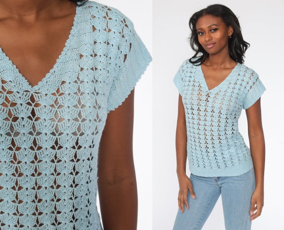 Baby Blue Crochet Top 70s Boho Blouse Pastel Shirt