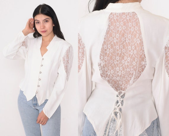 White Lace Blouse 90s Puff Sleeve Top Sheer Floral Button up Shirt Long Sleeve Open Back Cascading Waterfall Train Vintage 1990s Small S