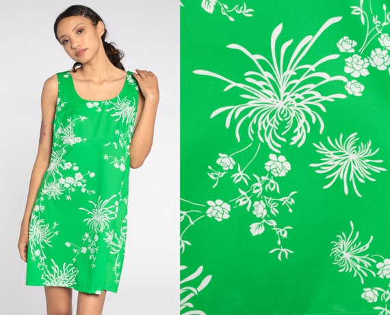 70s Babydoll Dress Green Dress Hawaiian Mini Dres… - image 1