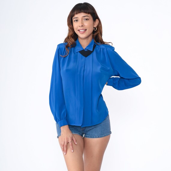 Royal Blue Pleated Blouse 80s Detachable Collar Button up Top Long Sleeve Collared Shirt Preppy Party Shirt Vintage 1990s Small S 6