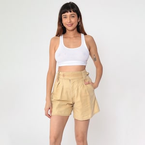 Vintage Tan Pleated Shorts 80s Safari Palmettos High Waisted Shorts Ramie Cotton Shorts Retro Basic Wide Leg Summer Plain 1980s Petite Small