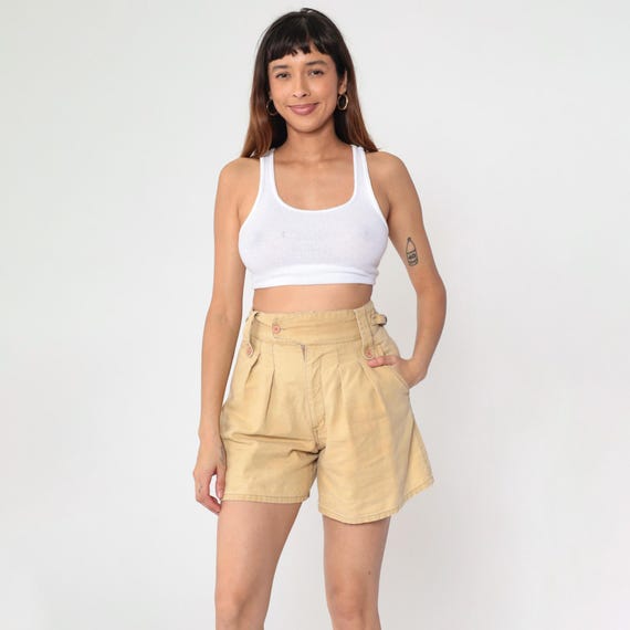 Vintage Tan Pleated Shorts 80s Safari Palmettos High Waisted Shorts Ramie Cotton Shorts Retro Basic Wide Leg Summer Plain 1980s Petite Small