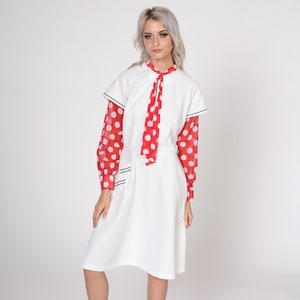 Mod Ascot Dress 70s White Polka Dot Bow Midi Stewardess Necktie Space Age Long Sleeve 60s Vintage Hippie Boho Twiggy Red High Waist Small