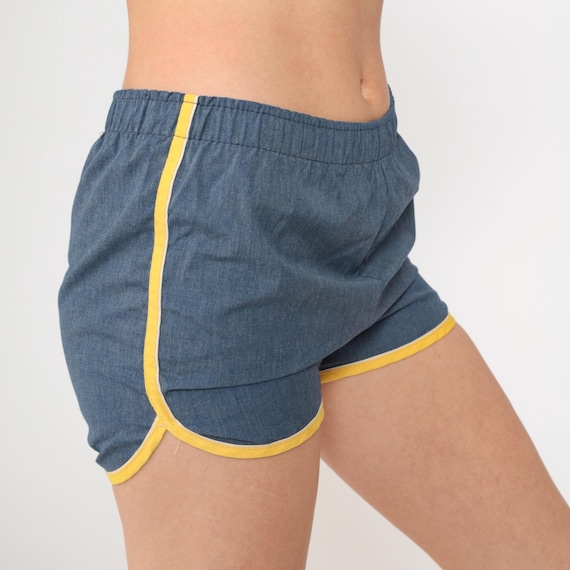 80s Gym Shorts Dark Blue Jogging Shorts Running High Elastic Waist Retro Workout Dolphin Yellow Striped Trim Vintage 1980s Extra Small xs