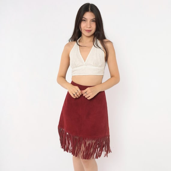 80s Burgundy Suede Fringe Skirt Wine A Line High Waist Back Zip Western Cowgirl Rodeo Americana Cranberry Leather Country Vintage Large L