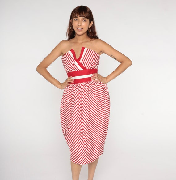 Vintage Victor Costa Dress 80s Striped Strapless Dress Red White Midi Dress Party Dress 1980s Pencil Empire Waist Vintage Cocktail Small