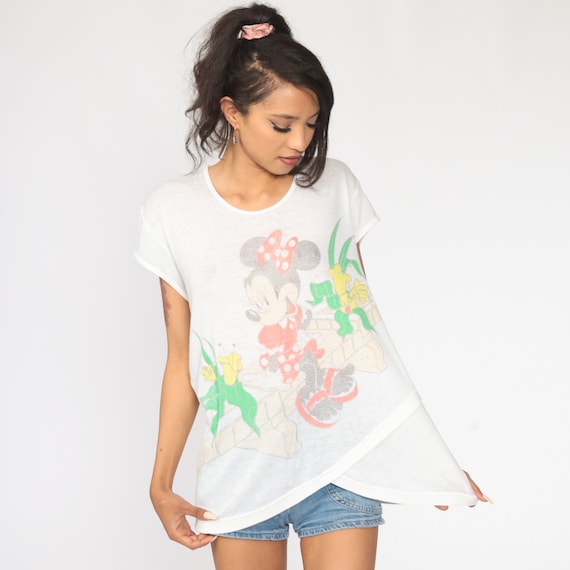 Minnie Mouse Shirt 80s Disney TShirt Faded Burnout Shirt Graphic Tropical Cartoon T Shirt Sheer Vintage 1980s Kawaii Large