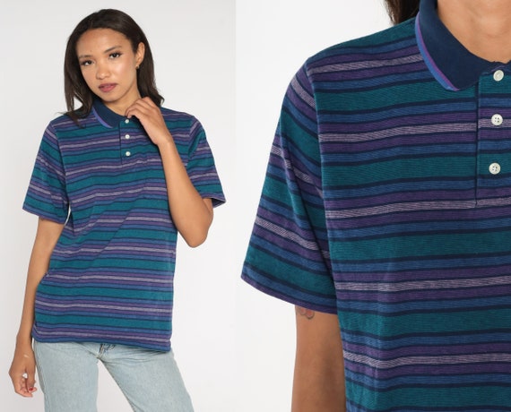 Striped Polo Shirt 90s Navy Blue Purple Green Col… - image 1