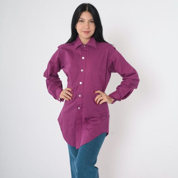 Vintage Purple Button Up Shirt 70s Oxford Shirt Sears Top Long Sleeve Collared Plain Basic Cufflinks Preppy Retro 1970s Men's Medium