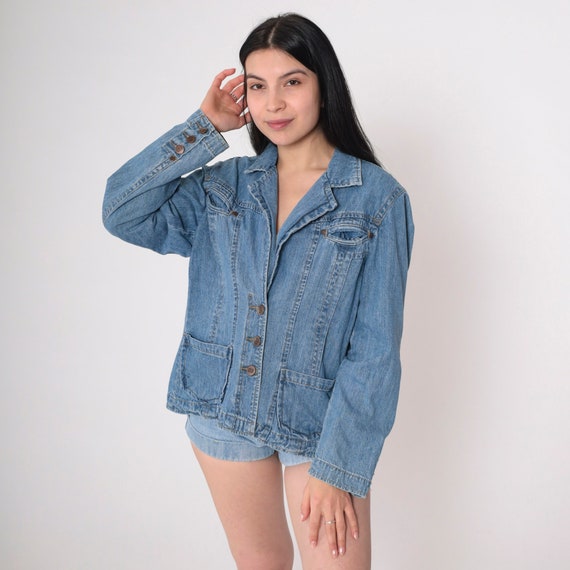 Y2K Jean Jacket Blue Denim Jacket Bill Blass Vintage Button Up Jacket 00s Collared Fitted Tailored Patch Pocket Extra Large xl
