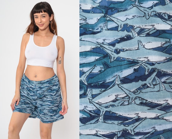 Shark Print Swim Trunks 90s Vintage Ocean Blue Board Shorts Mesh Lined Y2K Surfwear Summer Pool Beach Party Retro Novelty Shorts Medium M