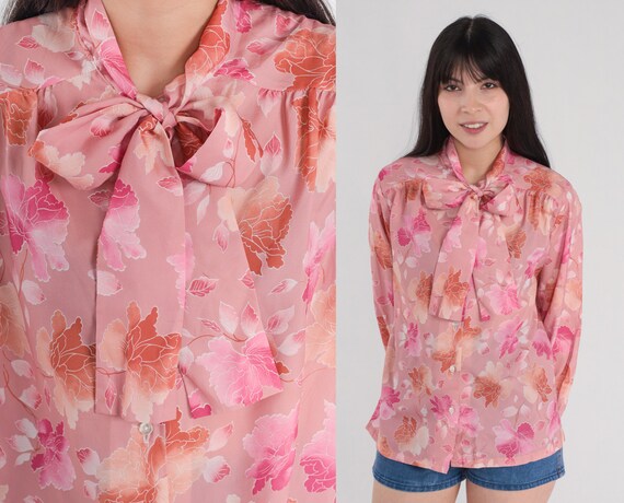 Floral Ascot Blouse 70s Pink Button Up Neck Tie Shirt Flower Print Top Long Sleeve Secretary Blouse Necktie Pussy Bow Vintage 1970s Medium