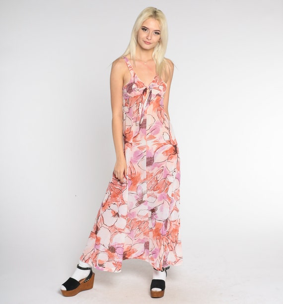 Floral Sundress 70s Maxi Dress Tie Front Sleevele… - image 2
