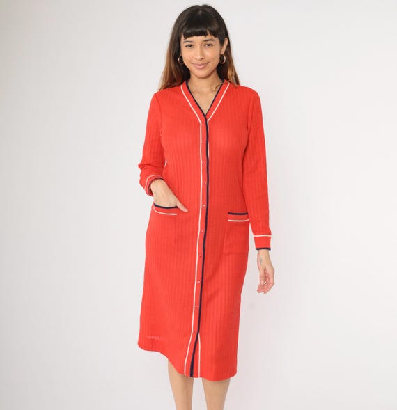 Vintage Red Knit Sweater Dress 70s Mod Semi-Sheer Button Up Blue White V Neck Midi Boho Shift 1970s Long sleeve Bohemian Medium