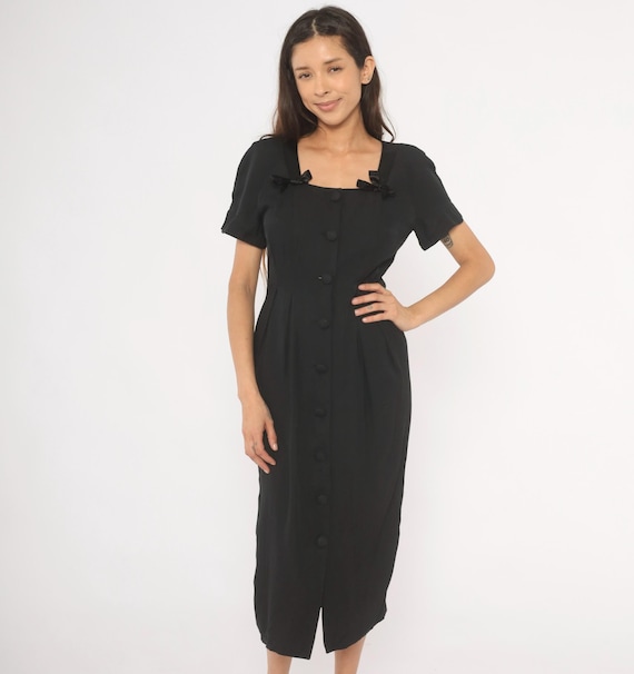 Bow Detail Black Midi Dress 90s Button Front Square Neck Short Sleeve Pencil Fitted Satin Ribbon Dark Academic Bodycon Frock Vintage Medium