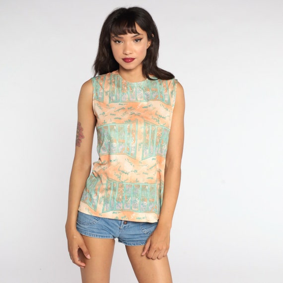 Boho Tank Top 70s Hippie Blouse Novelty Print Psychedelic Shirt Sleeveless Vintage Bohemian Shirt 1970s Tunic Orange Small S