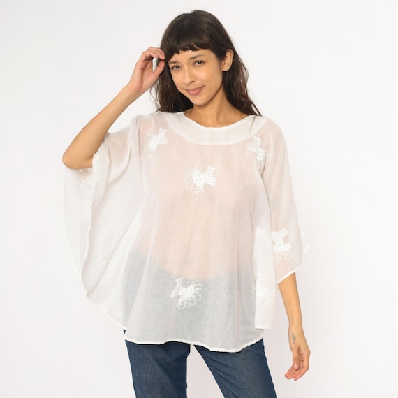 Embroidered Sheer Tunic 80s White Bird Loose Fit Cotton Cottagecore Fairycore Top Blouse Kimono Sleeve Kaftan Style Small To Medium S M