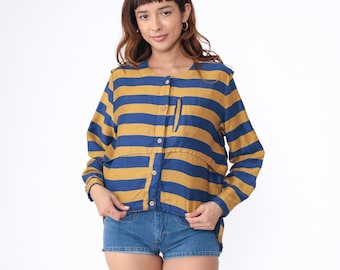 80s Striped Blouse Slouchy Button Up Shirt Blue Mustard Yellow Stripes Long Sleeve Top Vintage Preppy Retro Linen Cotton Vintage 1980s Large