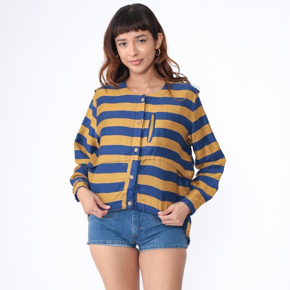 80s Striped Blouse Slouchy Button Up Shirt Blue Mustard Yellow Stripes Long Sleeve Top Vintage Preppy Retro Linen Cotton Vintage 1980s Large