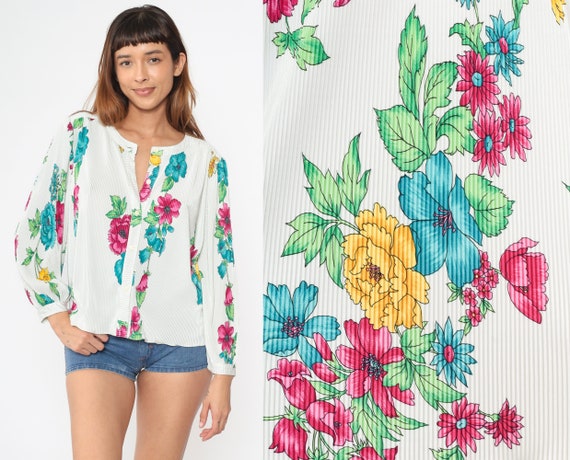 White Floral Shirt 80s Knife Pleated Long Puff Sleeve Blouse Button Up Top 1980s Boho Tropical Fuchsia Blue Vintage Top Oversize Large L