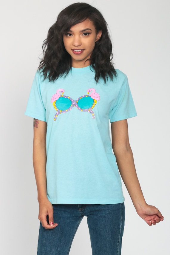 Flamingo Sunglasses Shirt Tropical TShirt Single Stitch 80s Graphic T Shirt Neon Vintage Aqua Blue Retro 1980s T Shirt Extra Small xs s