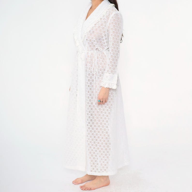 Vintage White Eyelet Lace Robe 70s Ruffle Trim Wrap Belted Sheer ...
