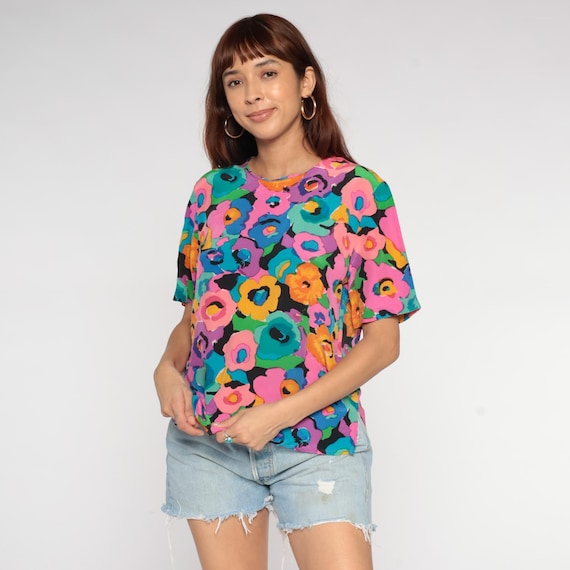 Floral Silk Blouse 90s Abstract Print Crew Neck Colorful Bold Maximalist Vintage Top Multicolor Bright Pink Blue Yellow Green Medium M