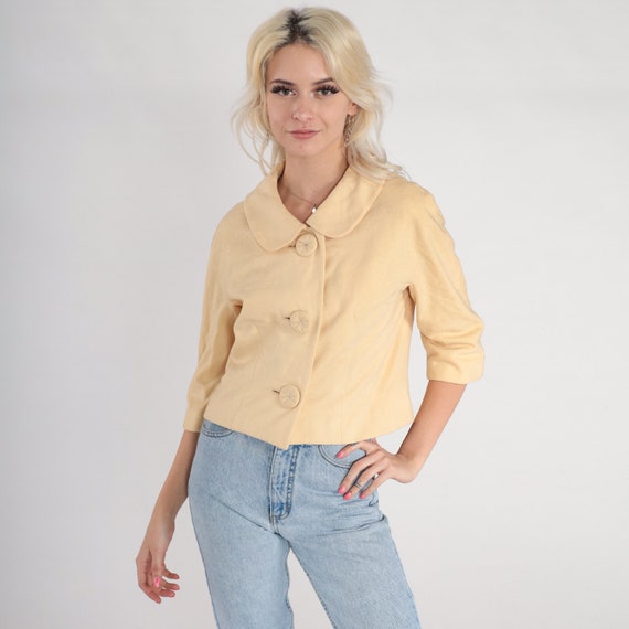 60s Wool Blazer Cream Button up Jacket Mod Jackie O Preppy 3/4 Sleeve Cropped Blazer Mad Men Suit Jacket Chic Tailored Vintage 1960s Small S
