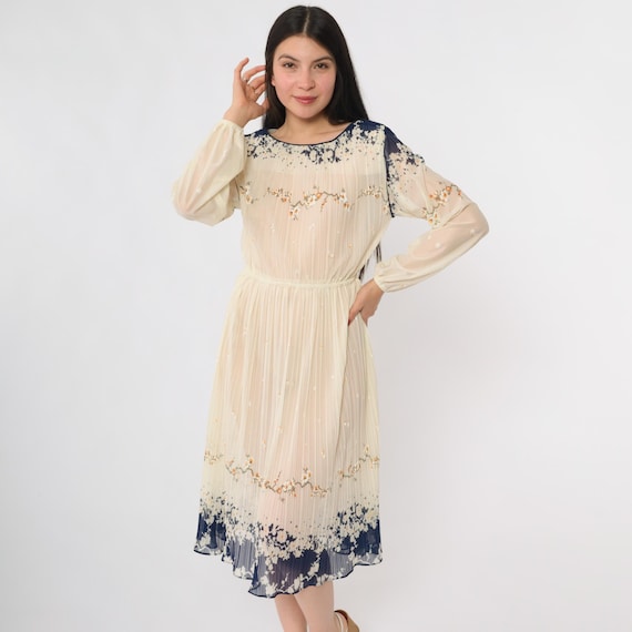 80s Summer Day Dress Cream Pleated Midi Long Sleeve Navy Blue Ombre Hem Floral Print Sheer Overlay Lightweight Garden Party Small Medium