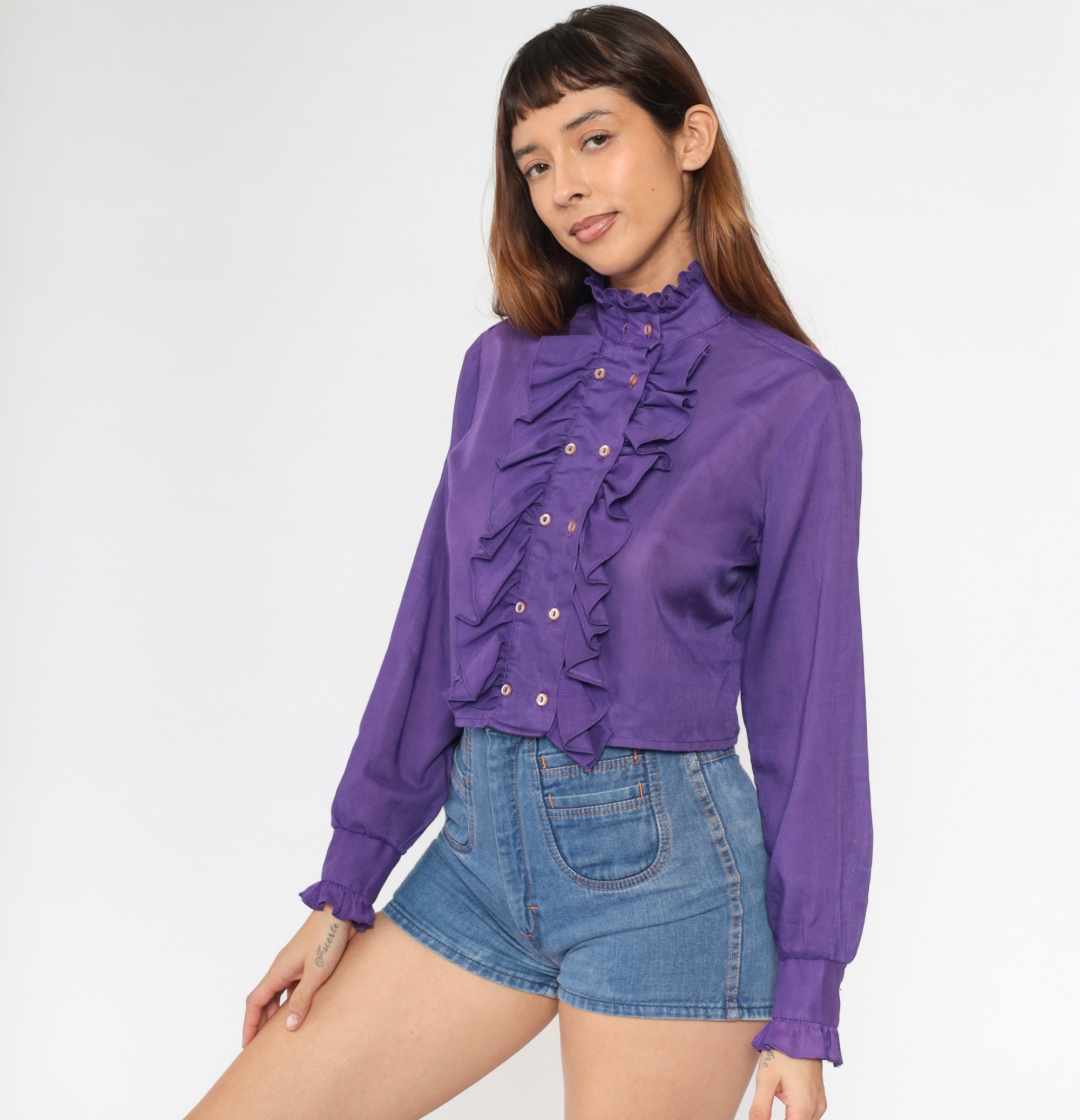 Tuxedo Crop Top 70s Purple Ruffle Blouse Button up Boho