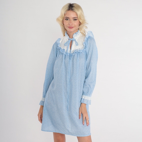 Blue Floral Mini Dress 80s Ruffled Bib Dress Eyelet Lace Keyhole Necktie Cottagecore Long Puff Sleeve Calico Vintage 1980s Extra Small xs