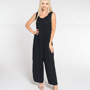 Black Jumpsuit 90s Simple Pantsuit Scoop Neck Straight Wide Leg Pants Sleeveless Basic Chic Minimalist Vintage 1990s Sheri Martin Medium