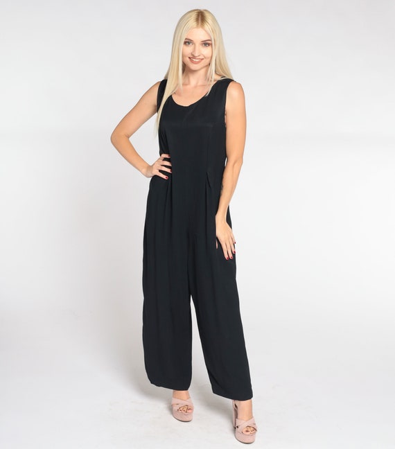 Black Jumpsuit 90s Simple Pantsuit Scoop Neck Straight Wide Leg Pants Sleeveless Basic Chic Minimalist Vintage 1990s Sheri Martin Medium