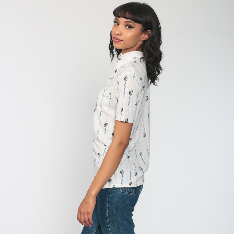 Chess Piece Shirt Horse Print Top Button Up Shirt 70s Top Novelty Blouse High Neck Off-White Short Sleeve Polo Shirt Vintage Geek Nerd Small
