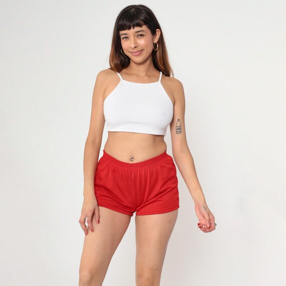 Vintage Red Gym Shorts 80s Running Shorts Retro High Waisted Plain Jogging Elastic Waist Hot Pants Workout Hiking 1980s Extra Small xs
