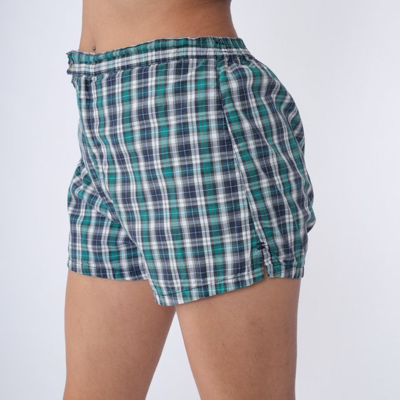 Plaid Bathing Suit 80s LL Bean Swim Trunks Blue Green Shorts 1980s Bathing Suit High Waisted Shorts Checkered Print Vintage Medium