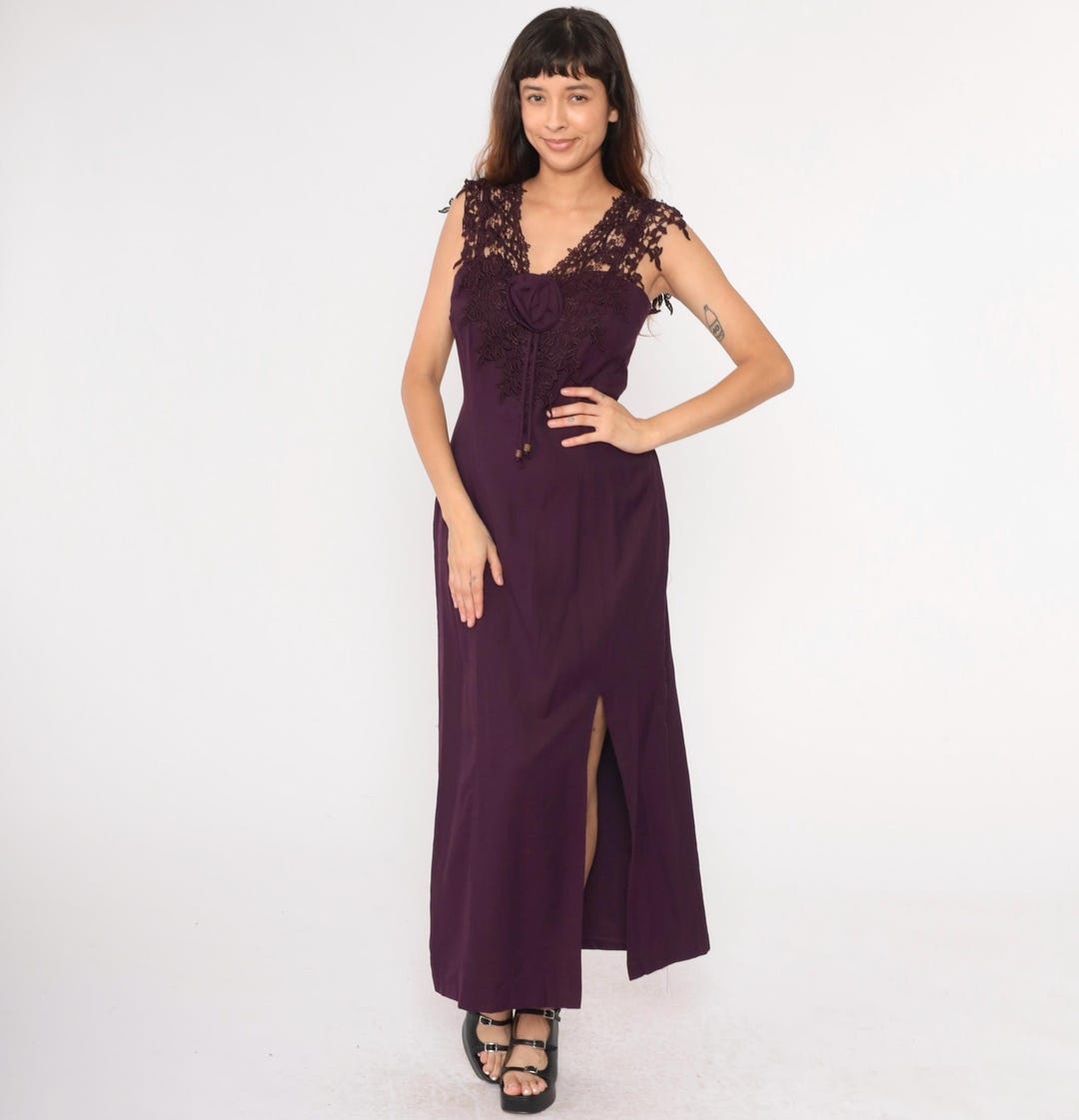 90s-maxi-party-dress-purple-lace-trim-rosette-dress-vintage-high-slit