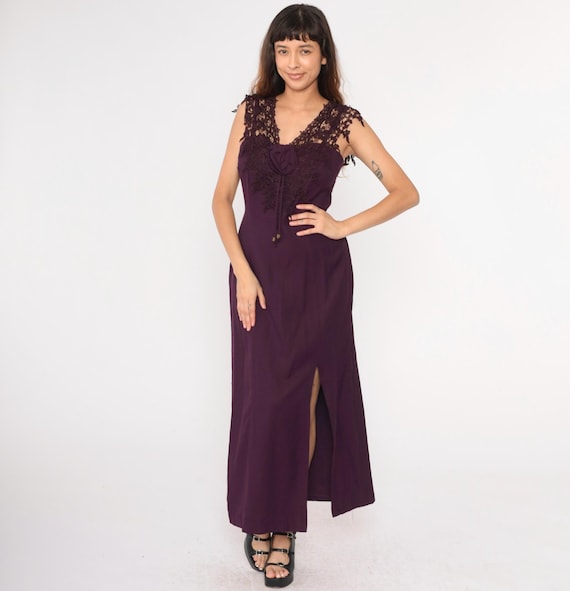 90s Maxi Party Dress Purple Lace Trim Rosette Dress Vintage High Slit Formal Sweetheart Neckline Evening Cocktail Spaghetti Strap Medium 8
