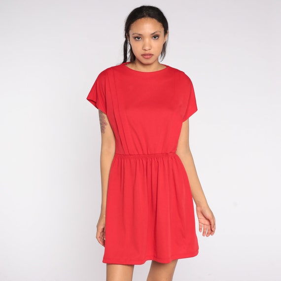 Red Shift Dress 80s Mini Dress Retro Boho Short Sleeve High Waisted Dress Simple Plain Chic Minimalist Secretary Dress Vintage 1980s Medium