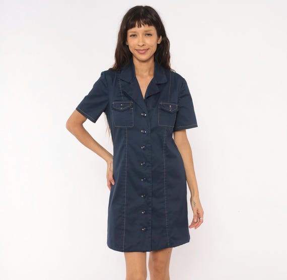 60s Navy Shirt Dress Button Front Notched Collar Short Sleeve Workwear Utility Chest Pocket Contrast Stitch Uniform Dark Blue Medium M